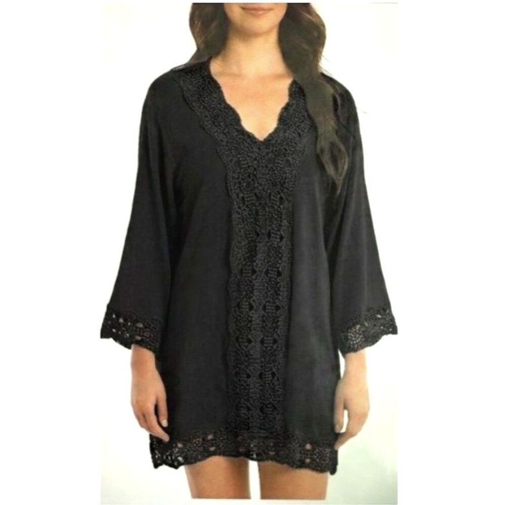 Isaac Mizrahi New York Daisy Swimsuit Cover-Up Lace Tunic Dress XXL Black Cotton